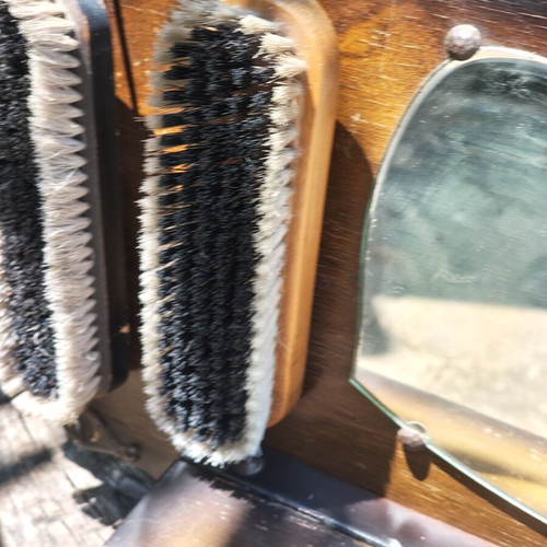 Antique wooden wall organizer for hallway used, with mirror and brushes