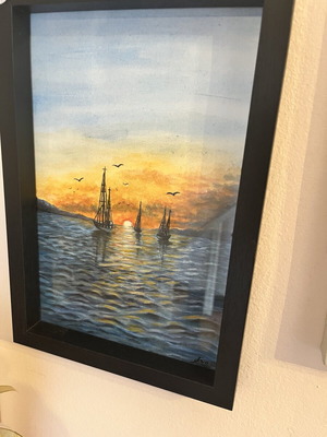 Πίνακας ζωγραφικής με κορνίζα 25x30 καινούργιος, ακουαρέλα με θέμα θάλασσα και ηλιοβασίλεμα