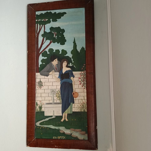 Old oil painting on canvas "At the Fountain" used, 1930 with frame