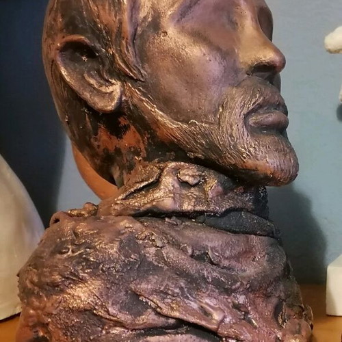 Handmade plaster sculpture with patina, figure with horns 25 cm