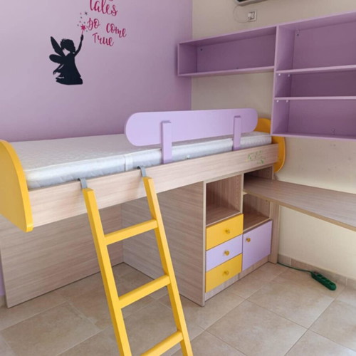 Bunk bed with mattress, desk and wall shelf used