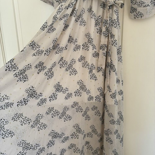 Boho Kimono Sleeve Sheer Faux Wrap Maxi Dress, Gold Lurex Print, Size S