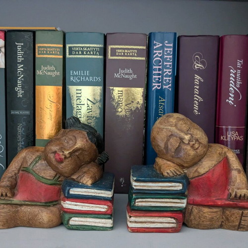 Wooden bookends hand carved and painted, like new, vintage Chinese sleeping couple