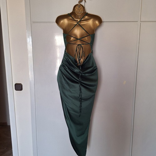 Green satin dress with cross back and slit, size medium