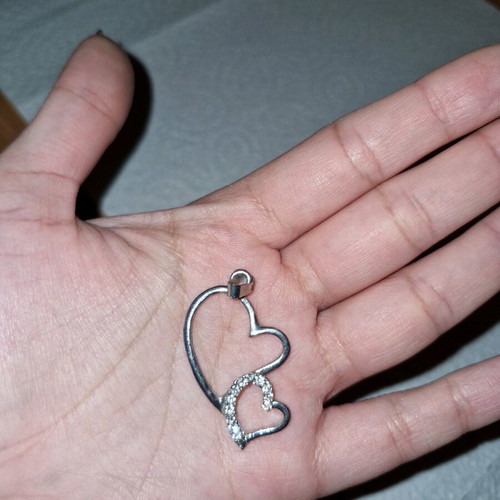 Pendant bead for necklace 2 hearts with rhinestones like new, silver