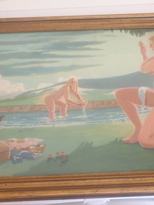 Vintage πίνακας με ξύλινη κορνίζα μεταχειρισμένος, γυναικείες μορφές δίπλα στο νερό