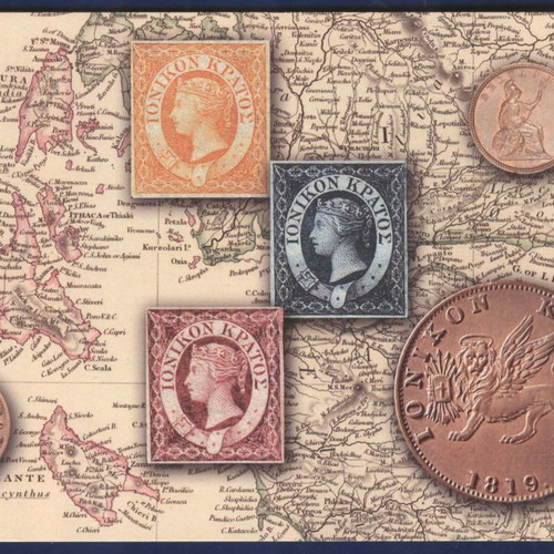 Ionian State stamps and coins on card new