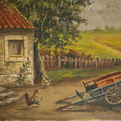 Oil painting A. Fragkia used, village theme without frame