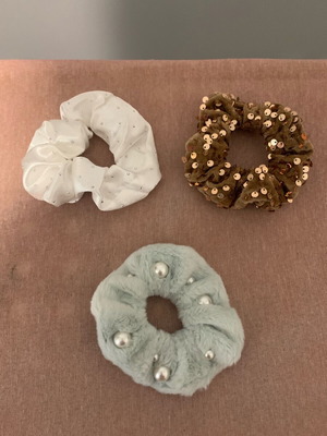 Scrunchies for hair new, set of 3 with rhinestones, pearls and sequins