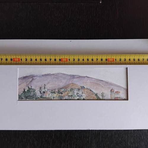Watercolor mountain village and church like new, authentic signed painting