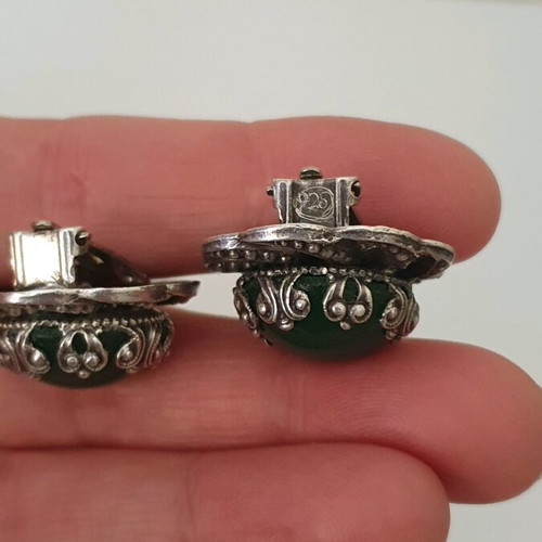 Vintage clip earrings silver used with green onyx