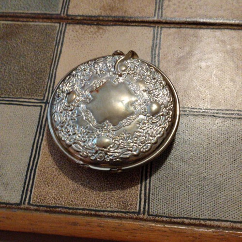 Vintage silver compact powder box with floral embossed design, new