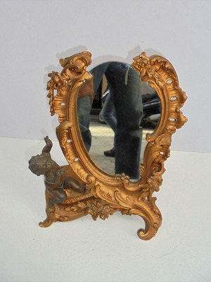 Table mirror with angel metal patinated neoclassical