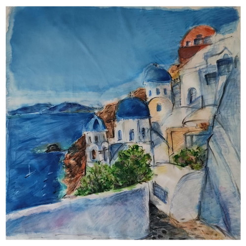 Santorini painting on silk 69x69 cm new
