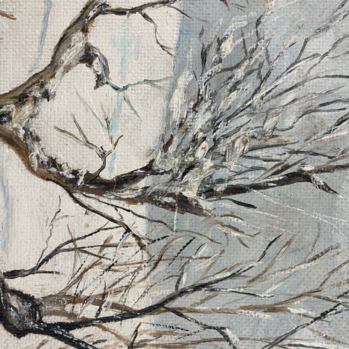 Oil painting used snowy landscape with frame and linen mat