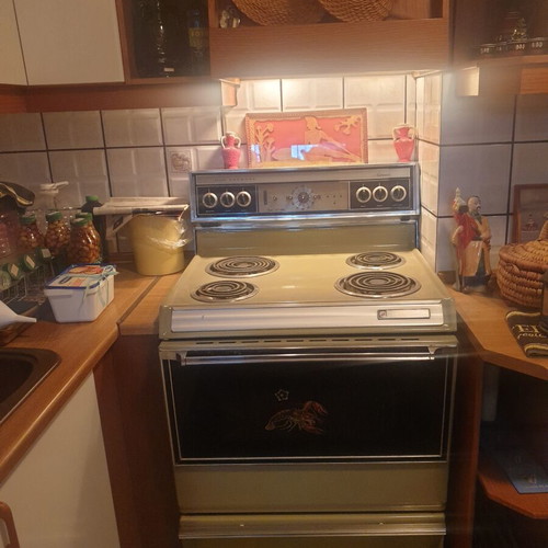 Vintage 1970s home appliance set used, General Electric fridge, Kenmore stove, Ariston washer