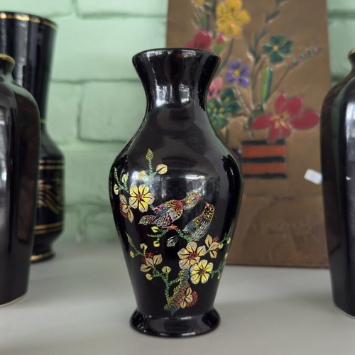 Vintage Dong Tam black small vase with flowers and nightingales, used
