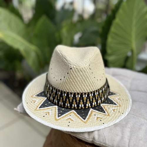 Hand Painted Straw Hat new, adjustable size, black and beige