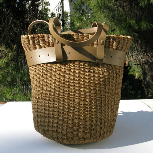 Balikbayan Handicrafts handmade woven shoulder bag with rattan and leather decorations new
