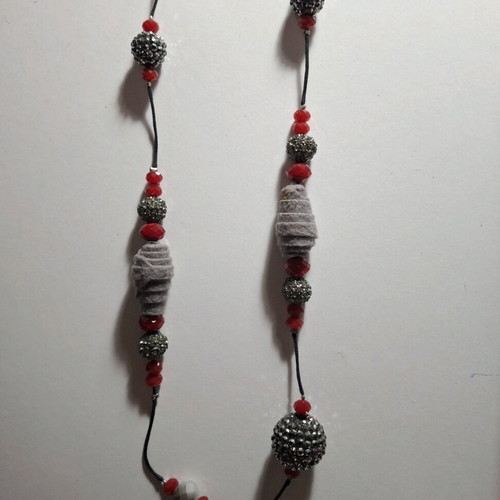 Boho necklace used, gray and red