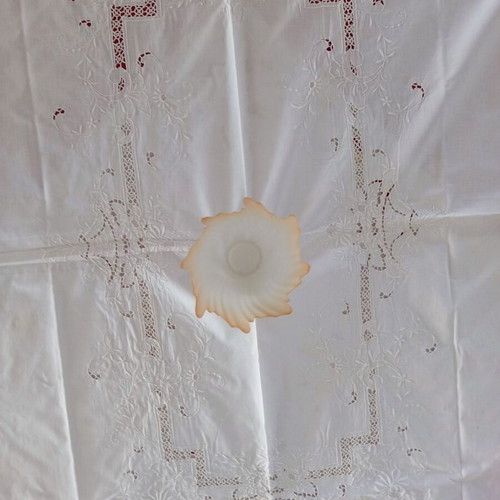White Tablecloth with Embroidery and Cutwork used, 122x163 cm