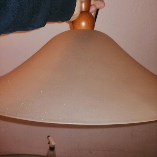 Ceiling light used, wood with soft peach glass