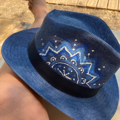 Hat blue with handmade painting new size 60