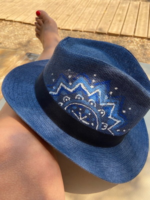 Hat blue with handmade painting new size 60