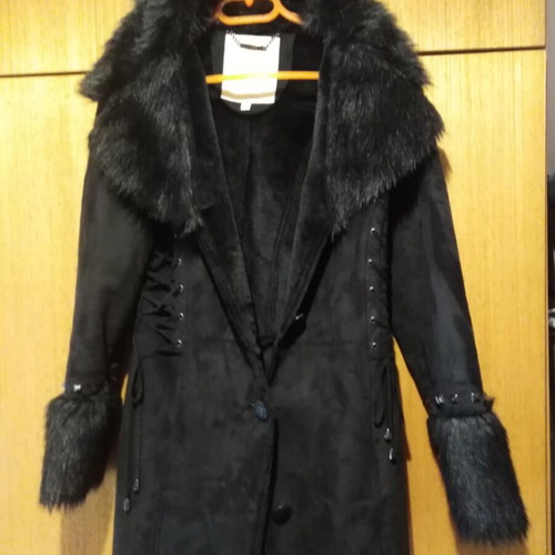 Women's suede coat new black with fur and suede cord details