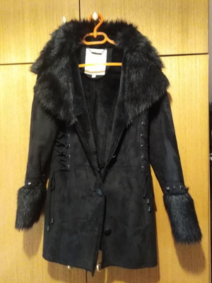 Women's suede coat new black with fur and suede cord details
