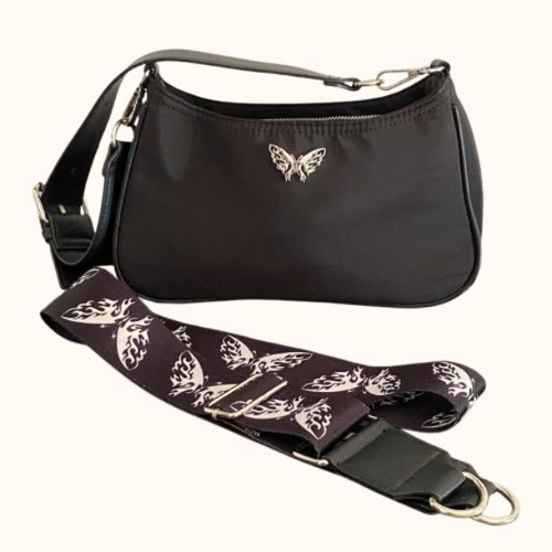 Bershka black shoulder bag used with metal butterfly detail