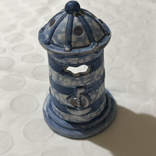 Small striped decorative lighthouse candle holder
