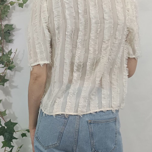 Zara semi-sheer short-sleeved top with fringes in beige, like new