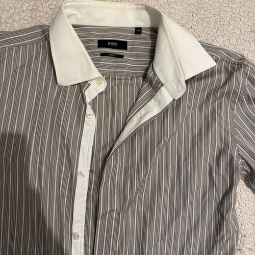 Boss men's slim fit striped shirt like new, size L, white and gray