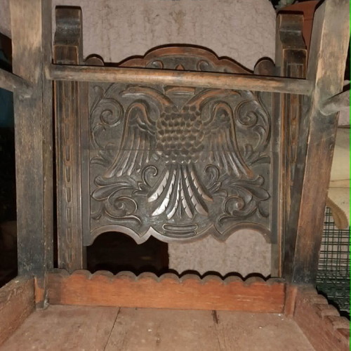 Vintage wooden table and 2 chairs with carved double-headed eagle
