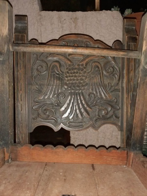 Vintage wooden table and 2 chairs with carved double-headed eagle