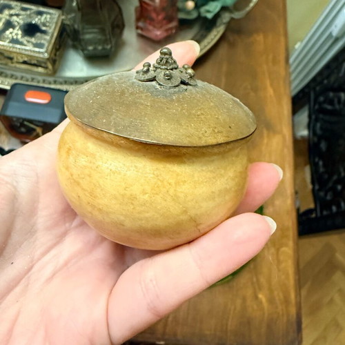 Vintage decorative box used, alabaster with bronze lid