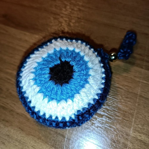 Handmade decorative knitted eye small size blue with light blue round new