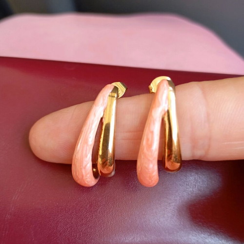 Women's earrings new, steel with coral and gold enamel