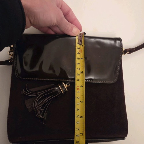 Structured Suede and Patent Leather Tassel Crossbody Bag used, burgundy