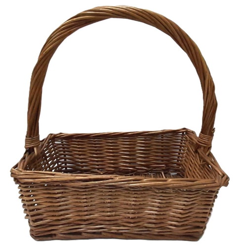 Vintage woven basket 1950s with high handle, natural wicker