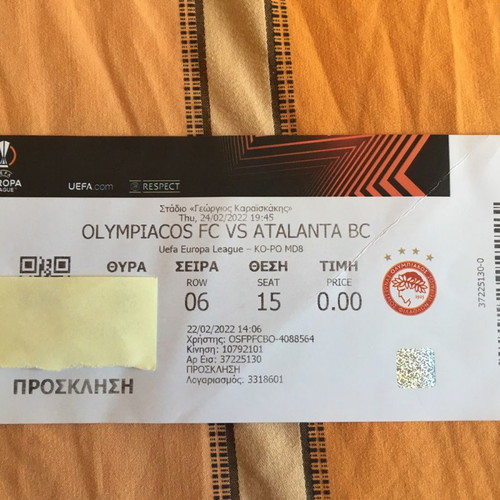 Olympiacos Atalanta 2022 match ticket used