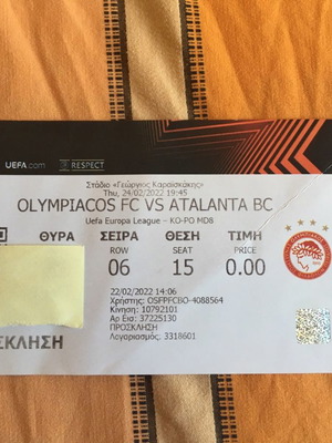 Olympiacos Atalanta 2022 match ticket used