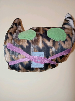 Cat pillow like new, textile collage, upcycled fabrics