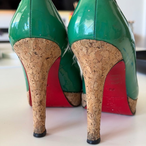 Christian Louboutin green patent leather pumps size 38 used with cork heel