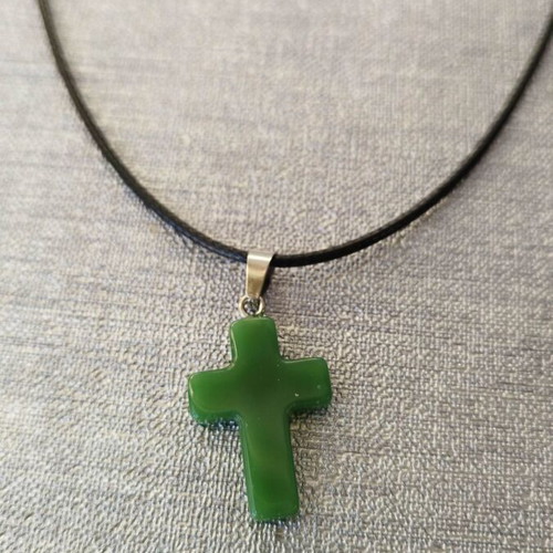 Glass cross necklace new green with short cord