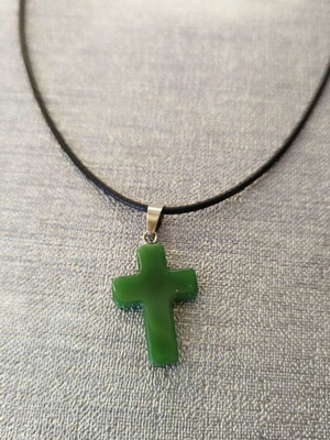 Glass cross necklace new green with short cord