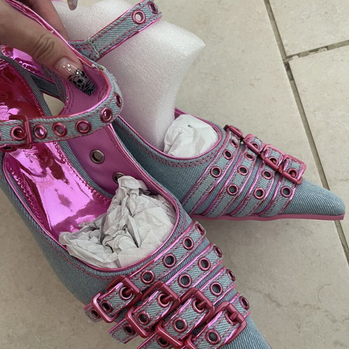 Generation Kiss Denim Point Toe Heels, Size 38, Blue Pink