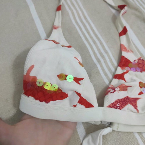 Bikini swimsuit white with orange details and sequins small in very good condition