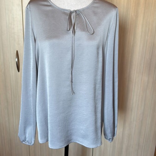 Women's grey satin blouse with drawstrings, long sleeve, new, size L